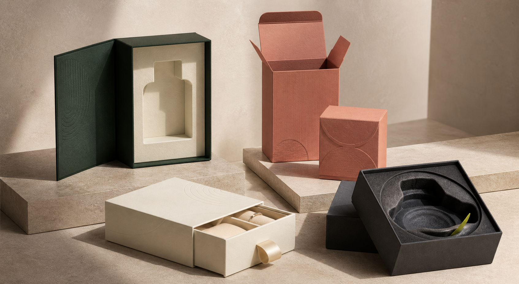 Four original high-end packaging concepts: perfume rigid box, jewelry drawer box, cosmetics cartons and custom insert